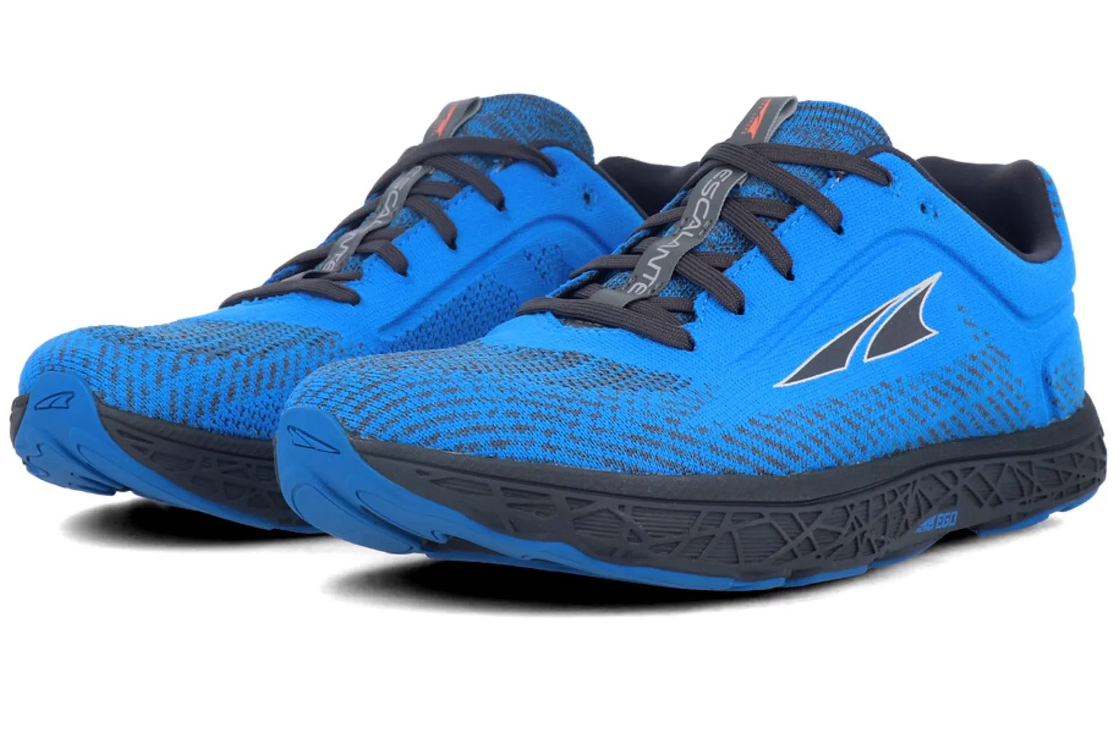 A pair of blue knit running shoes with dark soles, photographed against a plain white background.