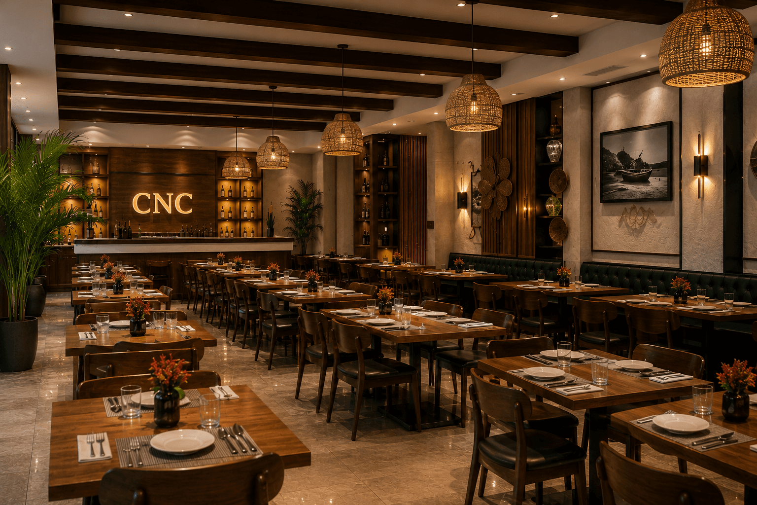 The CNC dining room under rattan pendants, tables laid for service.