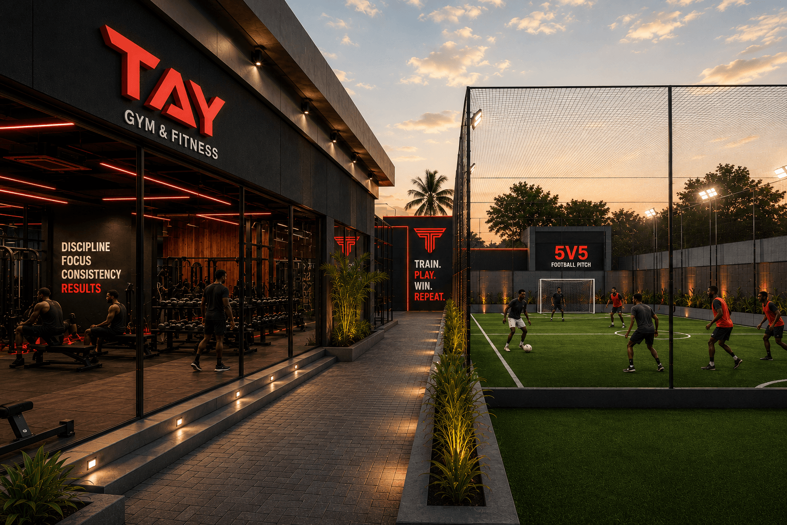 The TAY gym floor beside the floodlit 7-a-side pitch at dusk.